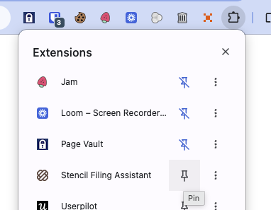 Pinning the Stencil Filing Assistant extension in Chrome