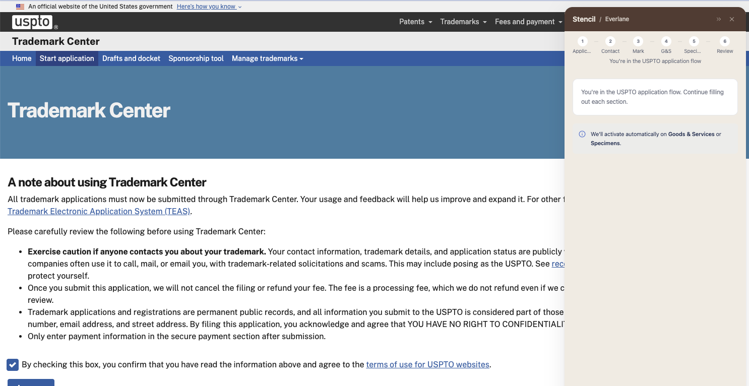Stencil Filing Assistant panel open on the USPTO Trademark Center